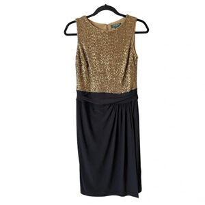 Lauren Ralph Lauren Women’s Size 6 Dress Brass Tone Sequin Faux Wrap Skirt Party